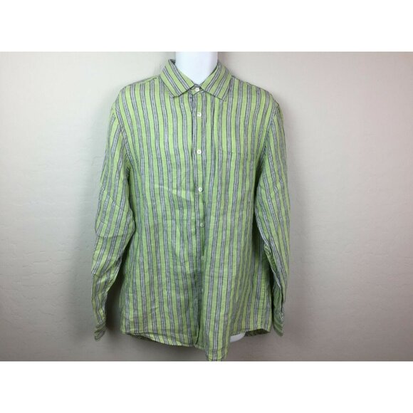 Express Mens Irish Linen Green Blue Striped Button-Up Shirt Size Large - Picture 2 of 6